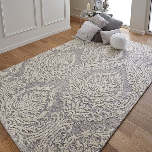 Hampton Damask Hand Tufted Wool Rug in Grey Ivory - Grey